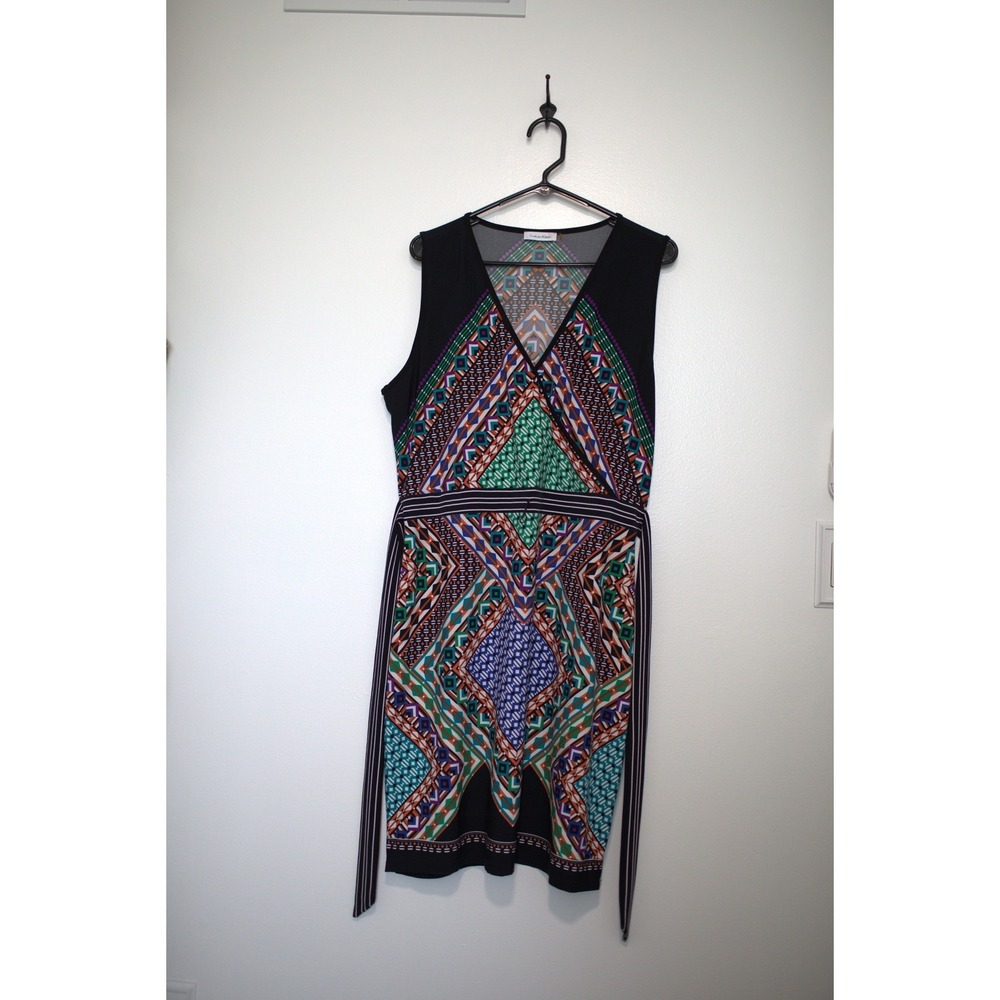 Calvin Klein Womens Size 14 Geometric Tribal Print V-Neck Sleeveless Dress